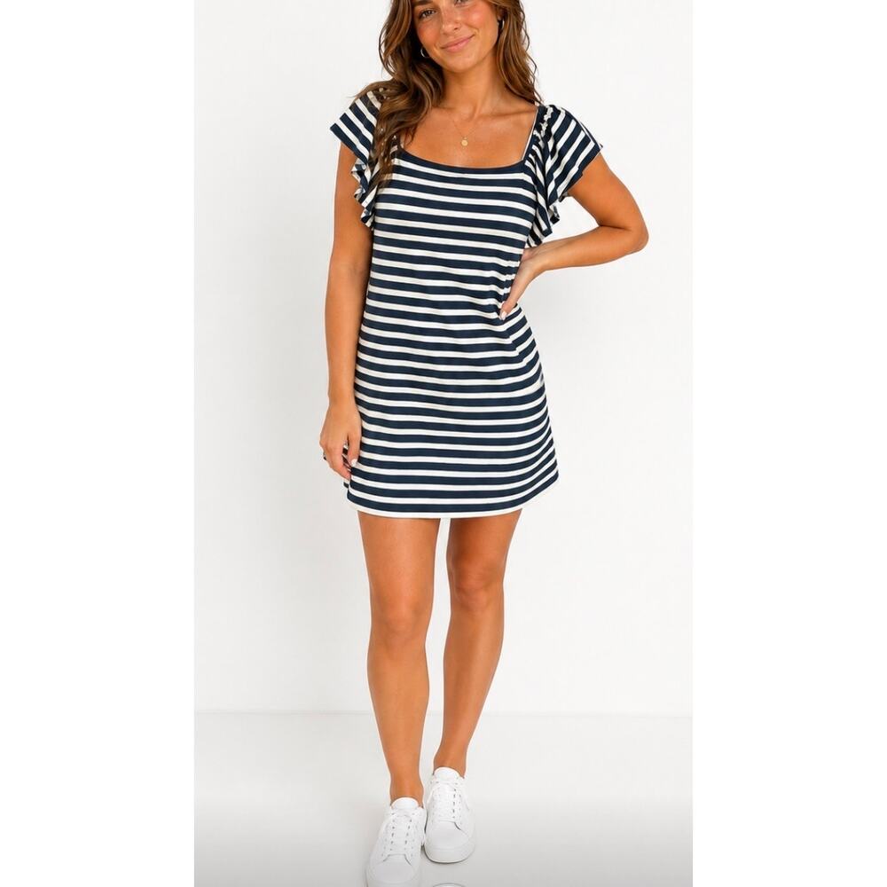 Lauren Ralph Lauren PL Navy White Striped Dress Off Shoulder Flutter Sleeve